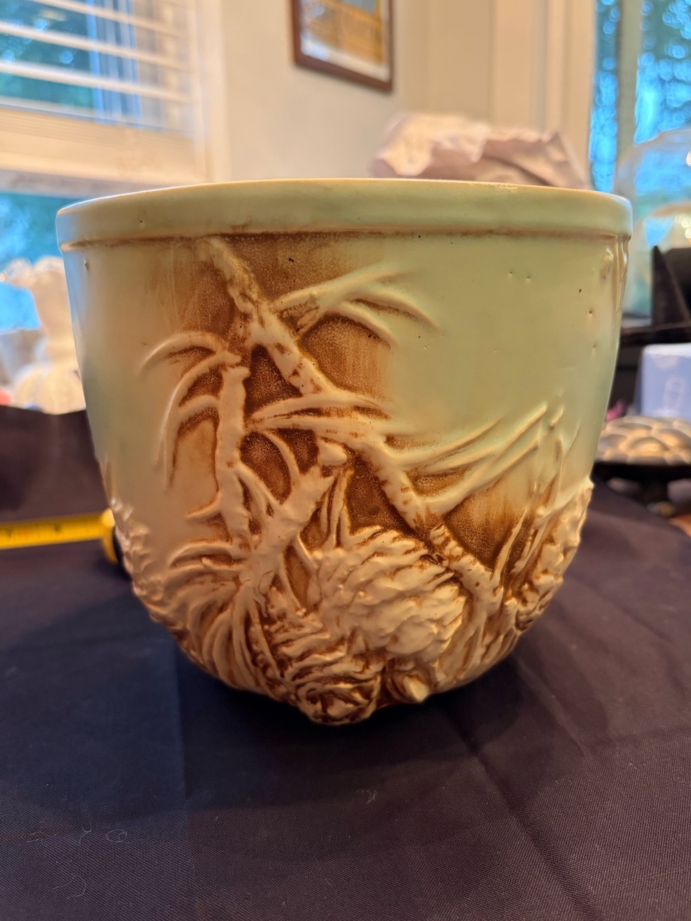 Vintage McCoy Pottery Pinecone Planter Large 7” Jardiniere Matte Green Brown USA